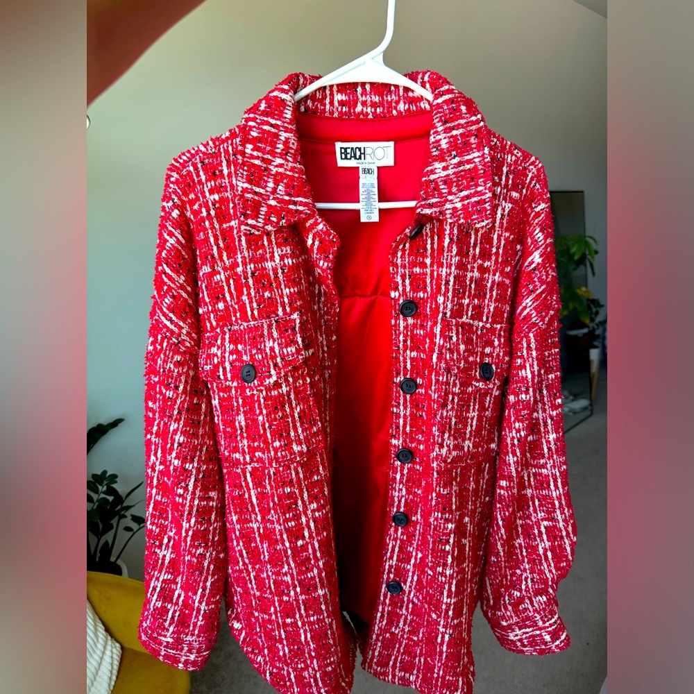 Bright red oversized shirt/jacket with tinsel/sparkle